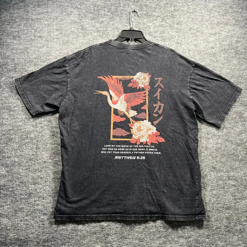 Matthew 6:26 Crane Floral Graphic T-Shirt XL Acid Wash Black Streetwear Tee